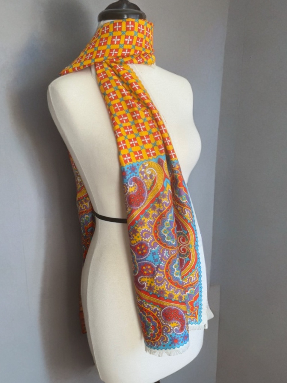 Vintage Vera Orange Yellow and Turquoise Multi Paisley & Geometric Print Scarf